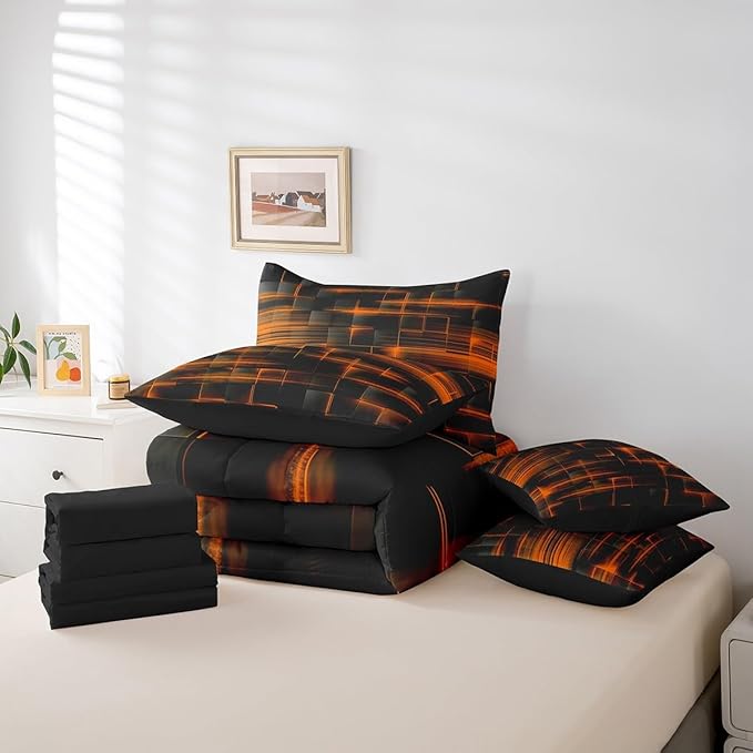 Feelyou Orange Black Bedding Set Twin Size Boys Girls Geometric Strip Lines Comforter Set with Sheets 7 Piece for Bed in a Bag Abstract Modern Bed Set with Comforter,Sheets,Pillowcases