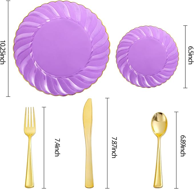 YOUBET 125PCS Purple Plastic Dinnerware Set - Gold and Clear Purple Disposable Plates Include 50 Plastic Plates 75 Silverwares for Wedding Birthday Parties & Mardi Gras Party