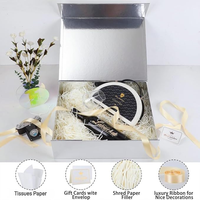 2 Pack Extra Large Silver Gift Box 17x14.5x6 inch Luxury Gift Box for Presents with Magnetic Closure Lid Collapsible,Birthday,Christmas,Contains Card, Ribbon,Tissue Paper,Shredded Paper Filler