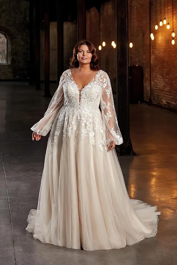 Plus Size Wedding Dresses for Bride Long Sleeve Wedding Bridal Gowns with Lace Appliques Off Shoulder Bride Dress