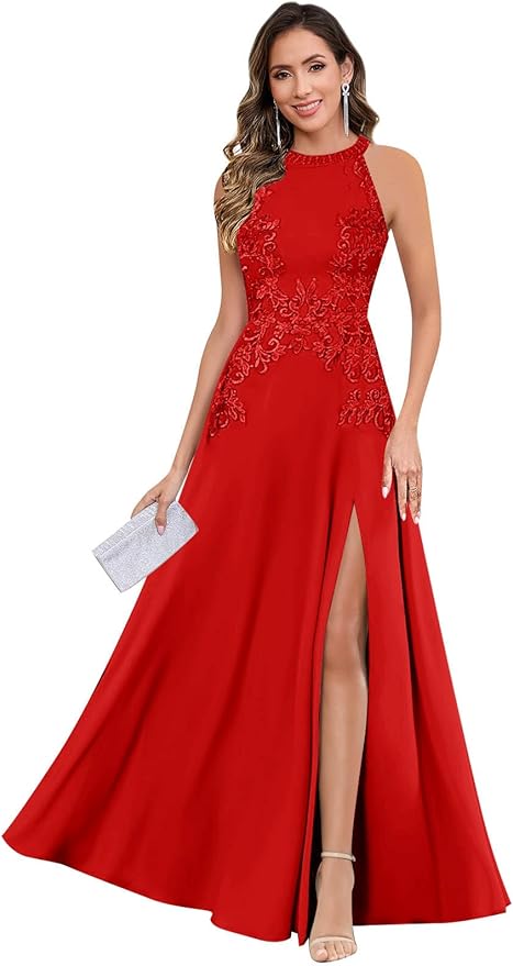 GUKARLEED Halter Lace Appliques Mother of The Bride Dresses for Women Long A-line Formal Wedding Guest Dress with Slit