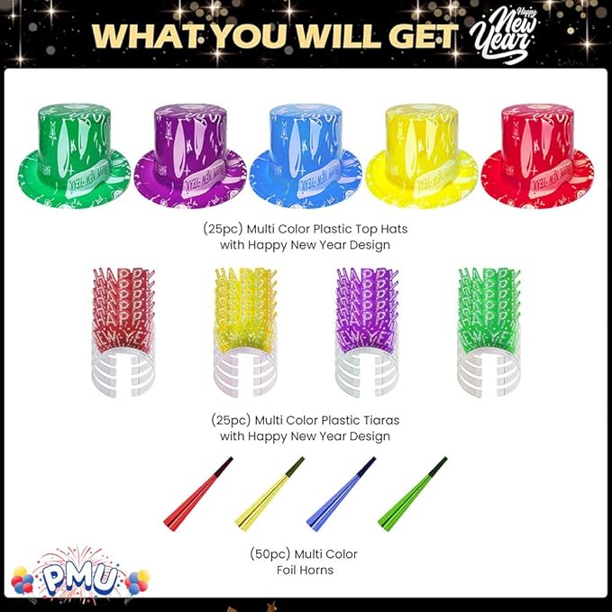 PMU New Year's Eve Party Supplies 2025 Supreme Party Assortment for 50 persons - (Blue, Red, Yellow and Green) New Year Decorations Supplies, Outfits for Adults, Men and Women (50/psn) Pkg/1