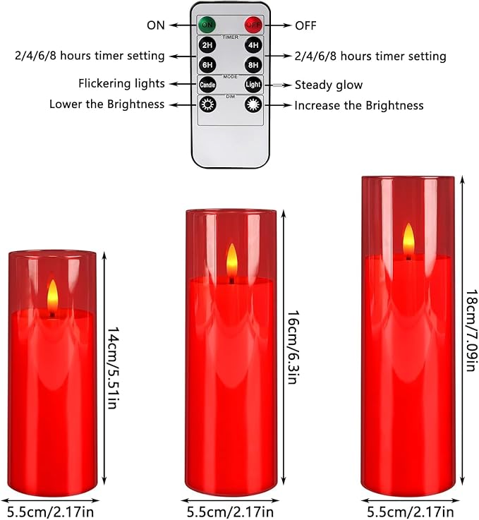 24-Pack Red Acrylic Flameless LED Candles with Remote Control - Realistic Flickering Battery - Operated Candles for Valentine's Day,Home Decor, Weddings, and Parties.