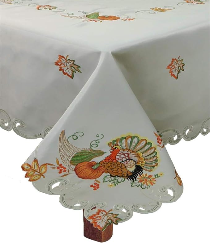 Creative Linens Fall Harvest Thanksgiving Tablecloth, Embroidered Turkey Pumpkin Maple Leaf Table Linen for Holiday Decoration, 68” Square with 8 Napkins Ivory