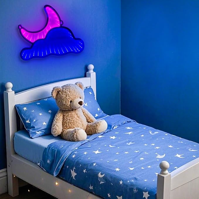 Infinity Mirror LED Neon Sign Wall Decor – Cloud & Moon 3D Light for Bedroom, Game Room, Living Room, USB Powered Aesthetic Night Lamp, Blue Pink Ambient Neon Wall Art, Layered Acrylic PET Design 12"x9"