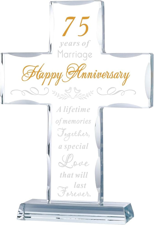 YWHL 75th Anniversary Cross Gifts for Parents Grandparents, Laser Carved 75 Years of Marriage Cross Decoration, 75 Years Wedding Anniversary Keepsake for Couple