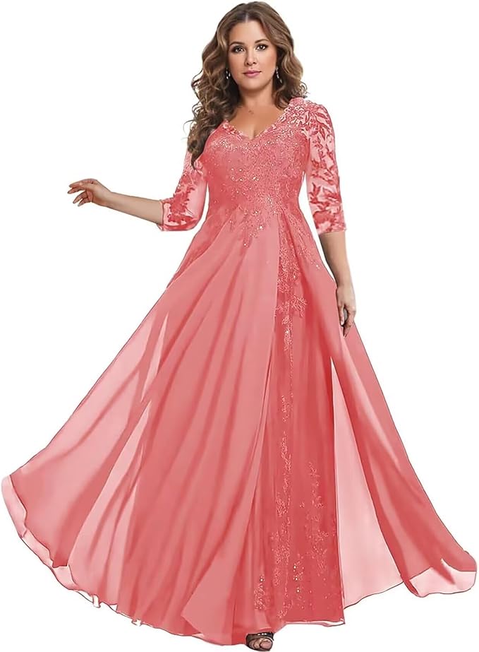 Long Sleeve Mother of The Bride Dress for Wedding Chiffon Lace Applique Formal Gowns BOF163