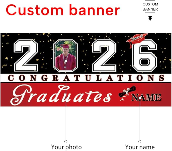 Custom Graduation Garage Door Banner Decoration 7x16ft with Photo Congrats Garage Door Cover 2026 Party Photo Booth Backdrop Party Supplies(Red)