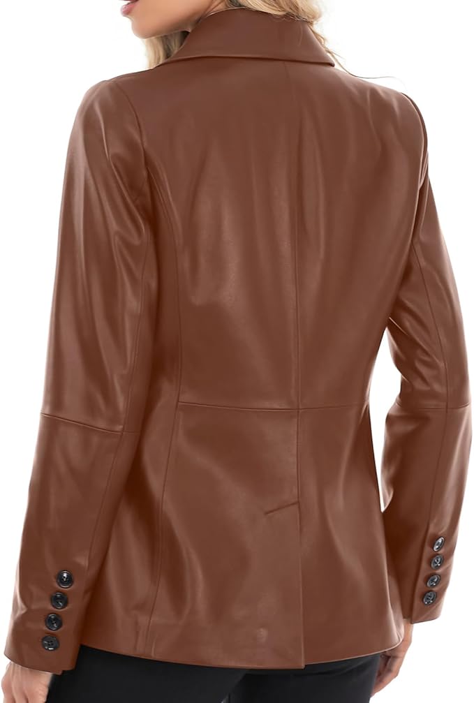 SILVER FASHIONS Lambskin Leather Jacket Women,Long Sleeve Button Front Leather Blazer,Notched Lapel Casual Style,Vent Detail