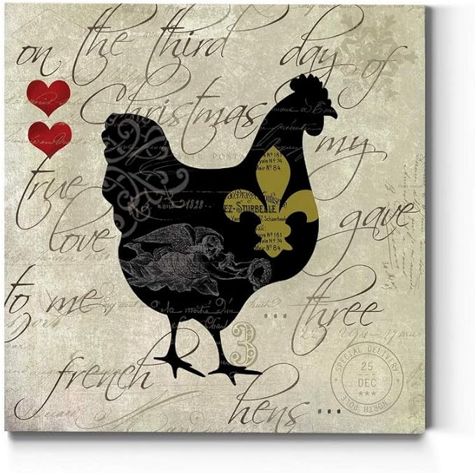 Renditions Gallery Twelve Days of Christmas Wall Art, Three French Hens, Cute Winter Artwork, Holiday Song Decor, Premium Gallery Wrapped Canvas, Ready to Hang, 32 in H x 32 in W, Made in America