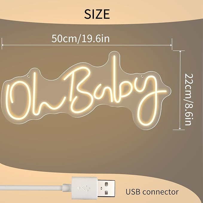 HMT Oh Baby Neon Sign for Backdrop Wall Decor Large Size 19.6×8.6 Inch LED Neon Lights for Baby Shower Decorations Boy and Girl Room Decor LED Light Up Sign for Party Decorations Photo Prop USB (Warm White)