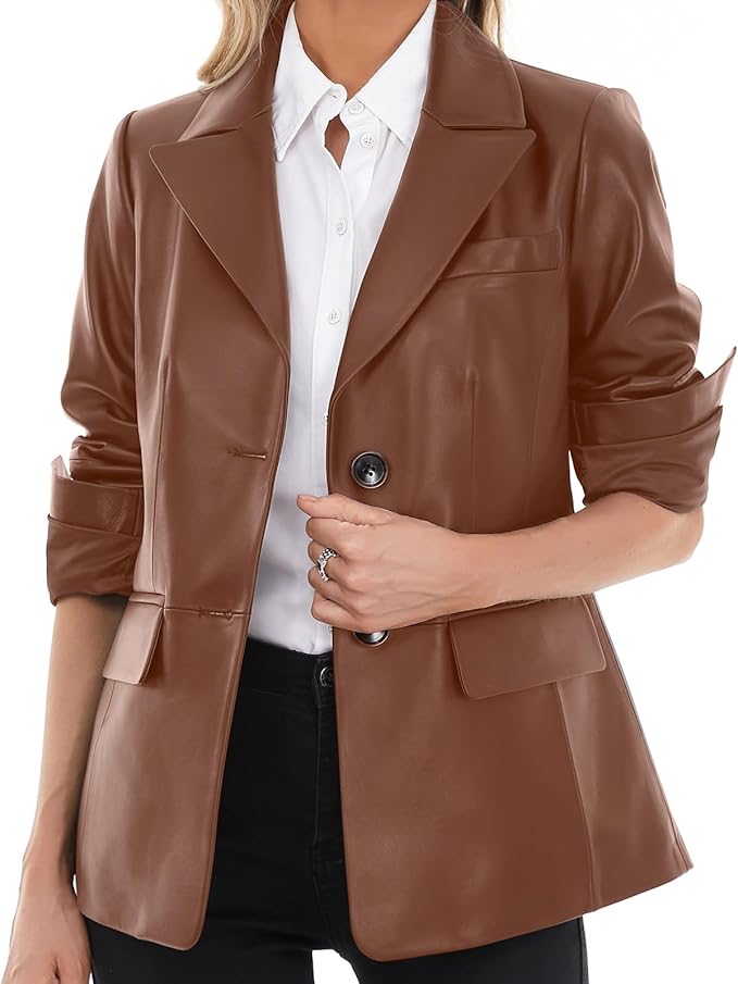 SILVER FASHIONS Lambskin Leather Jacket Women,Long Sleeve Button Front Leather Blazer,Notched Lapel Casual Style,Vent Detail