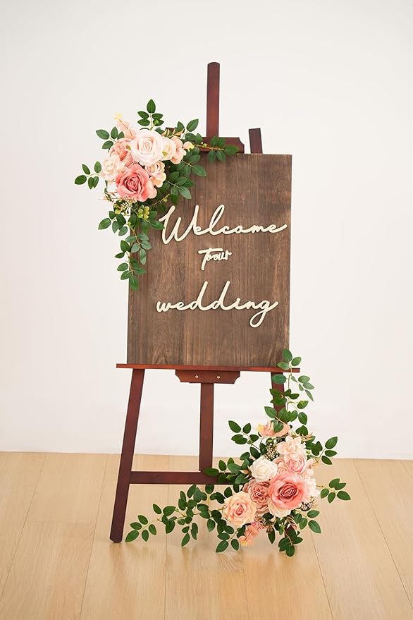 2pcs Dusty Pink Artificial Flower Swags Decor Wedding Welcome Sign Easel Board Rose Eucalyptus Garland for Outdoor Party Ceremony Backdrop Reception Entryway Table Decor Faux Floral