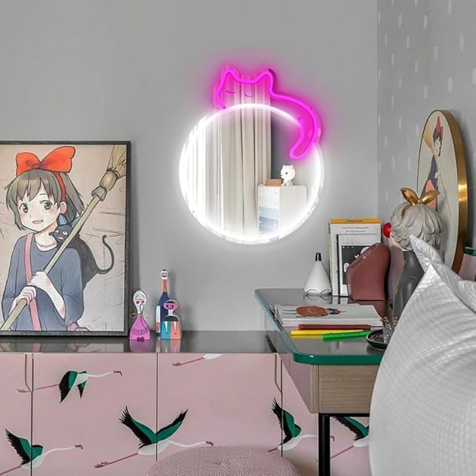 jXIN Cat Neon Signs Mirror 16.53"x13.38" USB Powered with Dimmer LED Cute Neon Light for Wall Room Decor Bedroom Living Room Party Studio Shop Birthday Gifts for Girls