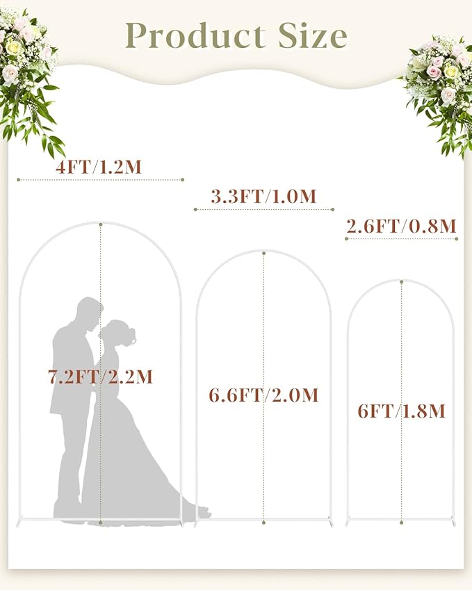 Wedding Arch, Metal Arch Backdrop Stand, Balloon Arch Stand Wedding Frame for Ceremony Decoration (White, 7.2FT, 6.6FT, 6FT Arch Backdrop)