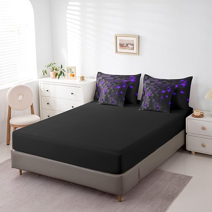 Feelyou Purple and Black Bedding Set Twin Size Kids Light Geometric Comforter Set with Sheets 7 Piece Bed in a Bag forModern Bed Set with Comforter,Sheets,Pillowcases,Cushion Covers