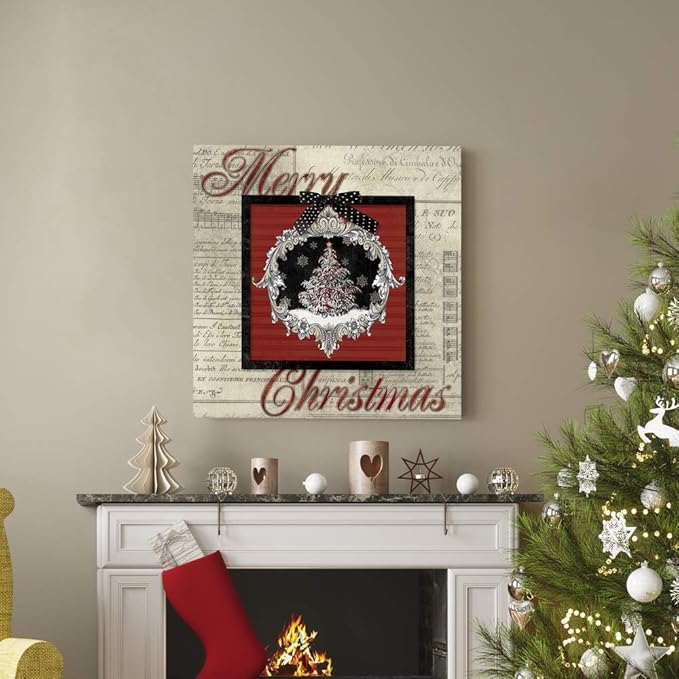 Renditions Gallery Merry Christmas Tree Wall Art, Cute Winter Decor, Antique Sheet Music Paper Design, Snowflakes, Premium Gallery Wrapped Canvas, Ready to Hang, 32 in H x 32 in W, Made in America