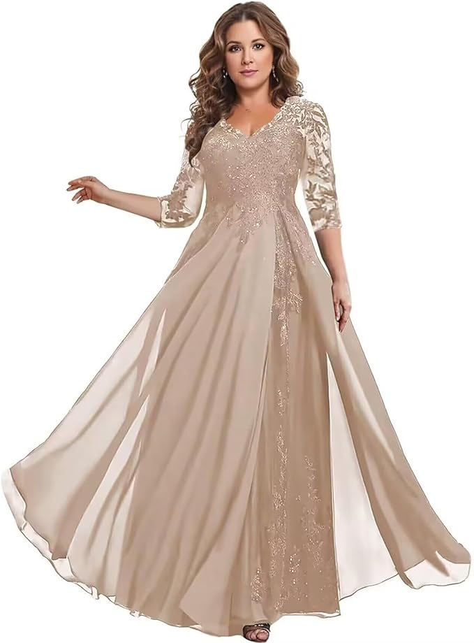 Long Sleeve Mother of The Bride Dress for Wedding Chiffon Lace Applique Formal Gowns BOF163