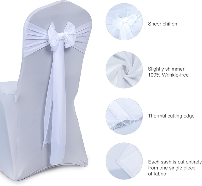 VDS Pack of 300, White, Sheer Chiffon Chair Sashes Bows Chair Cover Back Tie Ribbon for Wedding Birthday Baby Shower Engagement Ceremony Event Party Banquet Restaurant Dining Chair Decoration