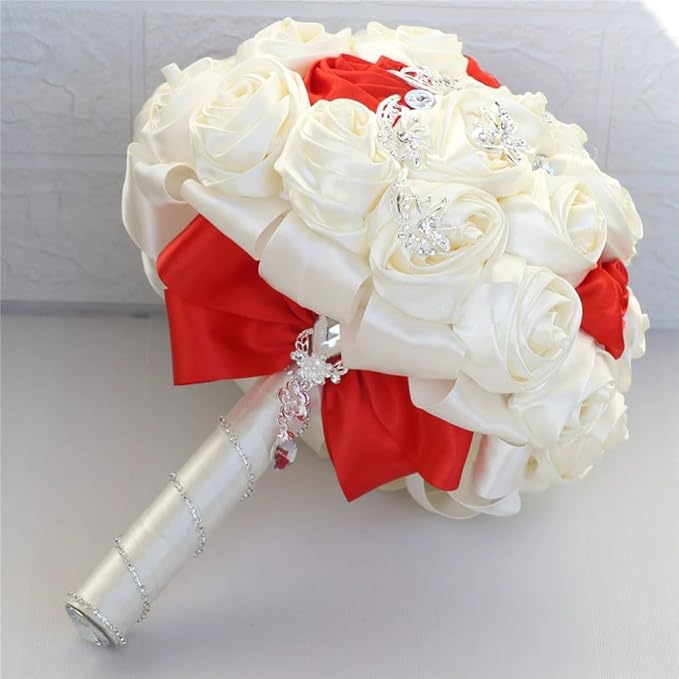 Red and Ivory Wedding Bridal Bouquet Handmade with Rhinestone Brooch Satin Rose Flower Bouquet for Bride Bridesmaid Quinceanera Bouquet Wedding Red and Ivory 9.8in