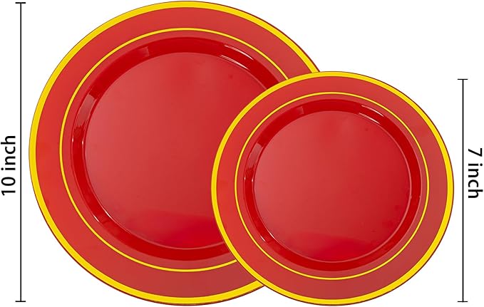 NOCCUR 200PCS Red Plastic Plates for 100 Guests - Include 100PCS 10" Dinner/ 100PCS 7" Dessert Plastic Plates Heavy Duty - Ideal for Wedding/Party/Valentines Day