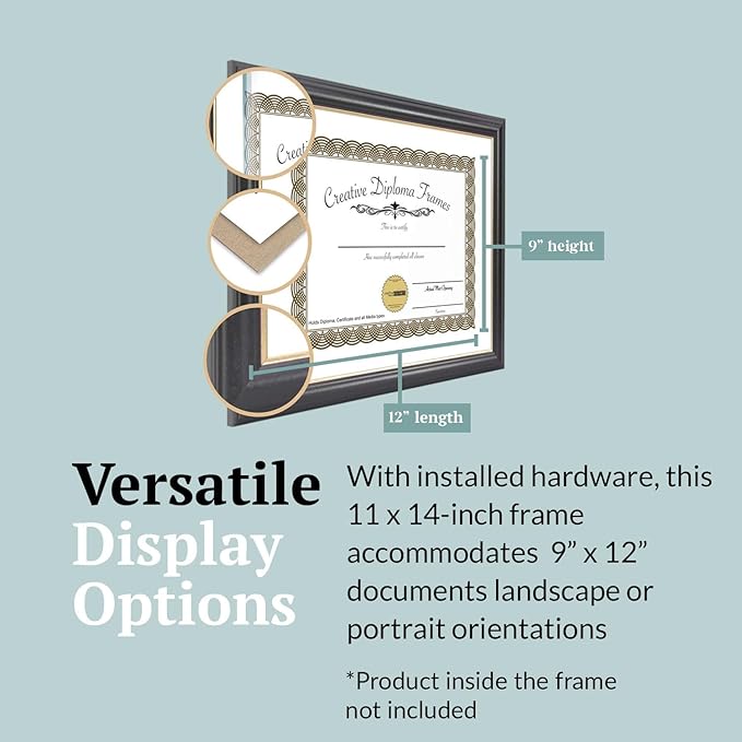 Creative Picture Frames 9" x 12" Rockefeller Black with Gold Rim Diploma Frame, Displays 9" x 12" Certificate or 11" x 14" Document without Mat, College Degree Frame, Full-Strength Glass, White Mat