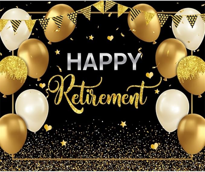 12x10ft Happy Retirement Backdrop for Photography Glitter Black Gold Retirement Party Decorations Banner Background Gold Sequins Balloons Men Women Celebrate Retirement Party Supplies Props