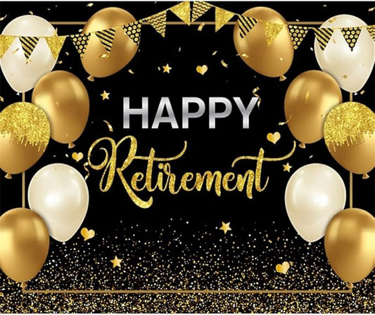 10x10ft Happy Retirement Backdrop for Photography Glitter Black Gold Retirement Party Decorations Banner Background Gold Sequins Balloons Men Women Celebrate Retirement Party Supplies Props
