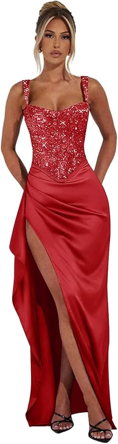 Basgute Sparkly Sequin Prom Dresses for Women 2026 Mermaid Corset Long Slit Ball Gown Formal Evening Party Dress
