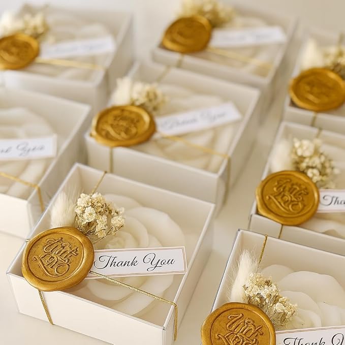 White Rose Petal Soy Wax Candles in Bulk – Rose Candle Wedding Favors for Guests, Personalized Candle Favors for Bridal Shower & Baby Shower Gifts – Dried Flower & Wax Seal Design (60 Pieces)