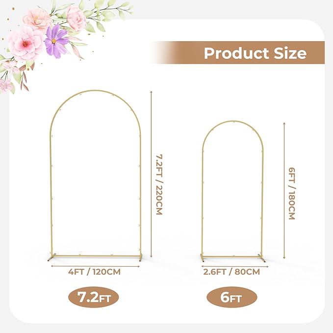 Babenest Gold Arch Backdrop Stand Set of 2, 6FT/7.2FT Metal Arch Wedding Stand, Balloon Arch Frame for Ceremony Birthday Party Bridal Baby Shower Halloween Banquet Decoration