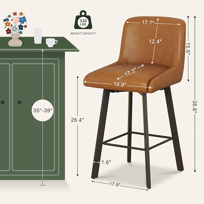 Swivel Counter Height Bar Stools Set of 4, 26''H Upholstered Barstools with Backs, Modern Bar Stool Chairs for Kitchen Island, Metal Legs, Faux Leather, Whiskey Brown Stools Counter Chair