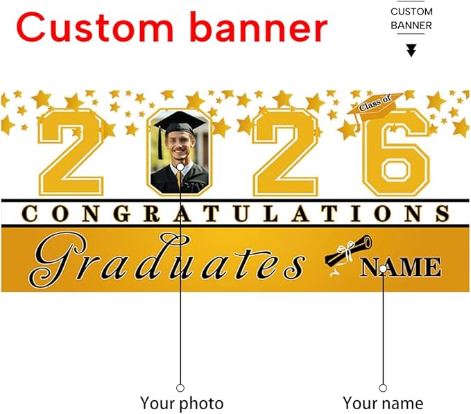 Custom Photo Graduation Garage Door Banner Personalized 2026 Grad Banner 7x16ft Porch Door Sign Decoration Outdoor Photo Booth Backdrop Party Supplies(Yellow and White)