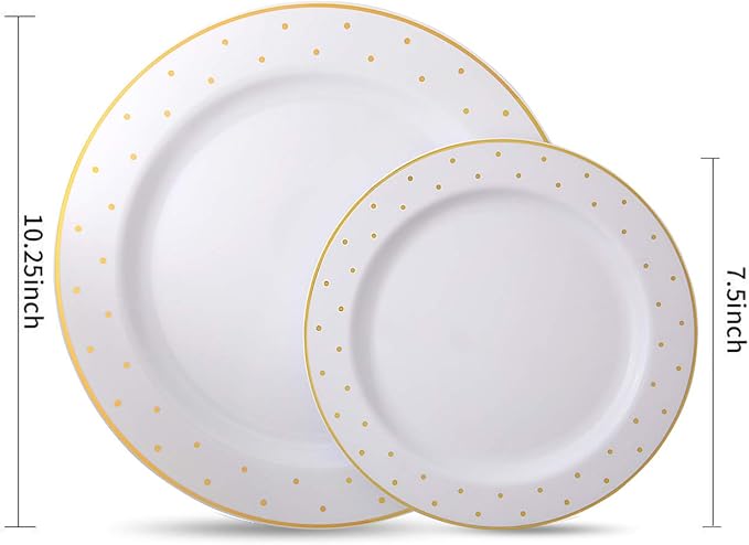 supernal 102pcs Gold Plastic Plates, White Disposable Plates with Gold Point Design, Party Plastic Dinnerware Suit for Wedding-51 Dinner Dishes 10.25" and 51 Dessert Tray 7.25"