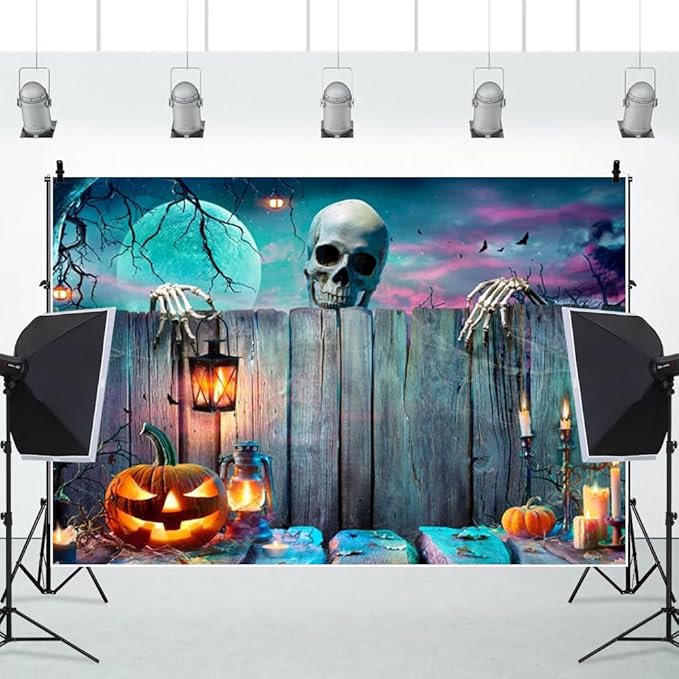 Halloween Skeleton Backdrop Full Moon Pumpkin Lantern Wooden Gloomy Photography Background Banner Horrible Spooky Night Party Decoration Backdrops Studio 8x6FT Wallpaper