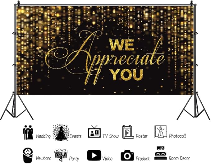 We Appreciate You Banner Backdrop 15x8ft Black Gold Employee Appreciation Decors Thank You for All You Do Background Banner Veterans Teacher Doctor Nurse Staff Appreciation Party Decorations