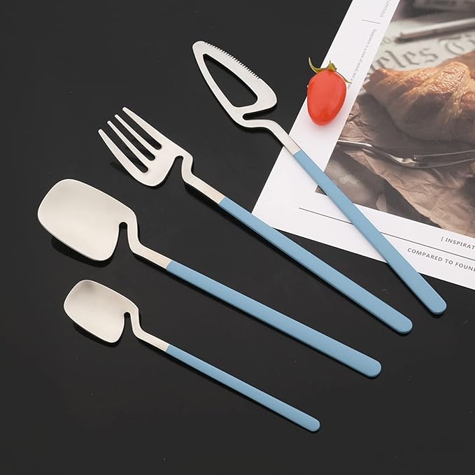 JASHII Silverware Set Satin Finish 24-Piece Stainless Steel Flatware Set Kitchen Utensil Set Service for 6 Tableware Cutlery Set Dishwasher Safe (Matte Blue Silver)