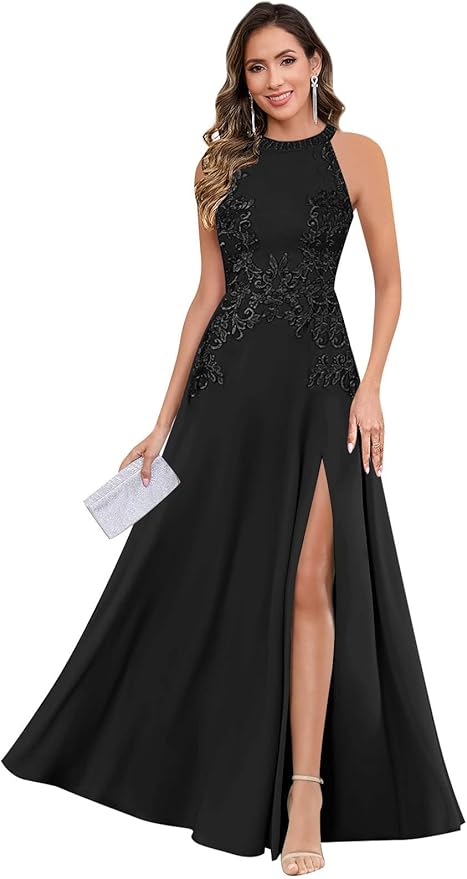 GUKARLEED Halter Lace Appliques Mother of The Bride Dresses for Women Long A-line Formal Wedding Guest Dress with Slit
