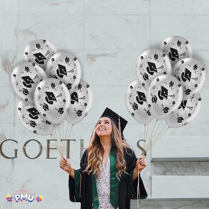 PMU 100 Pcs Silver Graduation Balloons Class of 2025 with All-Over Print White Grad Caps-Confetti and Streamers | Graduation Party Supplies | Congratulations Grad Latex Balloons Latex