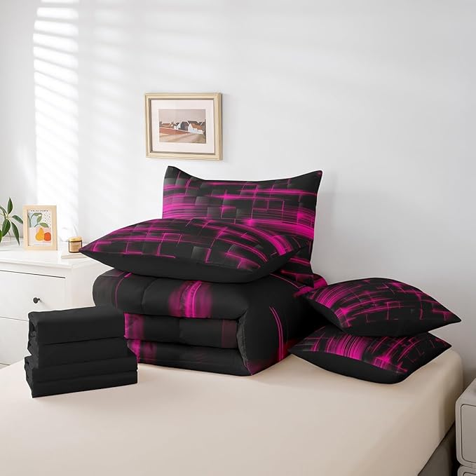 Feelyou Rose Red Black Bedding Set Full Size Boys Girls Geometric Strip Lines Comforter Set with Sheets 7 Piece for Bed in a Bag Abstract Modern Bed Set with Comforter,Sheets,Pillowcases