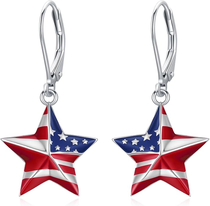 American Flag Earrings for Women 925 Sterling Silver Red White and Blue Star Dangle Drop Leverback Earrings 4th of July Jewelry Patriotic Memorial Day Christmas Gifts