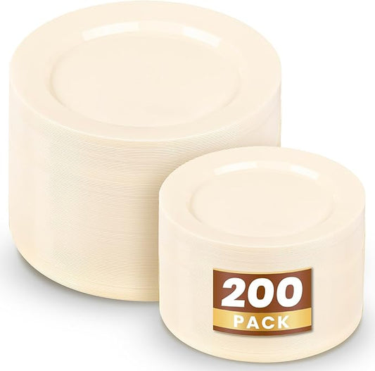 WDF 200PCS Ivory Plastic Plates - Elegant Ivory Disposable Plates for Party- Include 100 Dinner Plate 10’’ and 100 Plastic Dessert Plate 7’’ Perfect for Wedding/Party/Valentine's Day