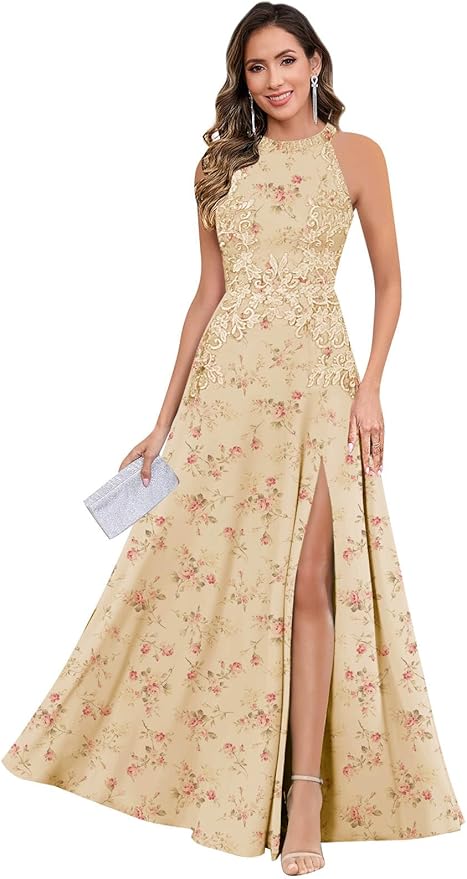 GUKARLEED Halter Lace Appliques Mother of The Bride Dresses for Women Long A-line Formal Wedding Guest Dress with Slit