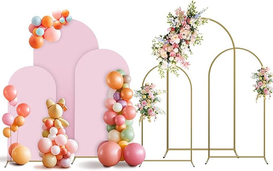 Arch Backdrop Stand and Cover Set, 3 Metal Balloon Arch Backdrop 4ft 5ft 6ft, Gold Arched Stand Frame for Wedding, Parties,Birthday, Event Decorations (Pale Pink,4ft+5ft+6ft)