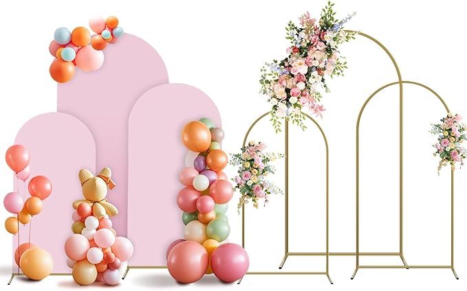Arch Backdrop Stand and Cover Set, 3 Metal Balloon Arch Backdrop 7.2ft 6.6ft 6ft, Gold Arched Stand Frame for Wedding, Parties,Birthday, Backdrop Decorations (Pale Pink,7.2ft+6.6ft+6ft)