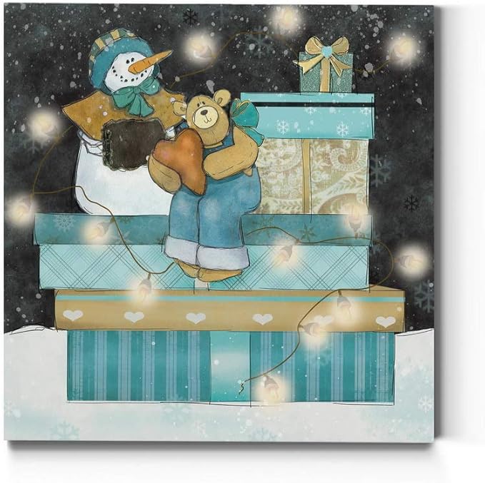 Renditions Gallery Snowman and Teddy Bear Wall (2) Art, Christmas & Winter Decor, Cute Pile of Presents, Premium Gallery Wrapped Canvas, Ready to Hang, 24 in H x 24 in W, Made in America