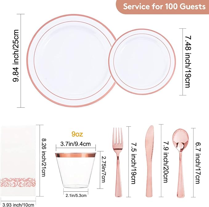 Sylans 700 Piece Dinnerware Set for Wedding & Party,100 Guest RimPlastic Plates,100 Plastic Silverware,100 Cups,100 Linen Like Napkins (Rose Glod) ypj