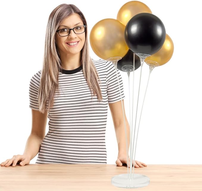 Reusable Balloon Tabletop Kit - Helium-Free Vinyl Bouquets - Lasting Inflation - Includes 5 Balloons, Stems & Acrylic Base, for Business, Schools & Events (Gold and Black)