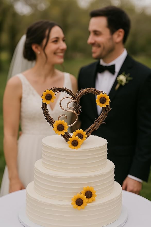 Country Wedding Cake Topper with Letter Personalization and Sunflowers