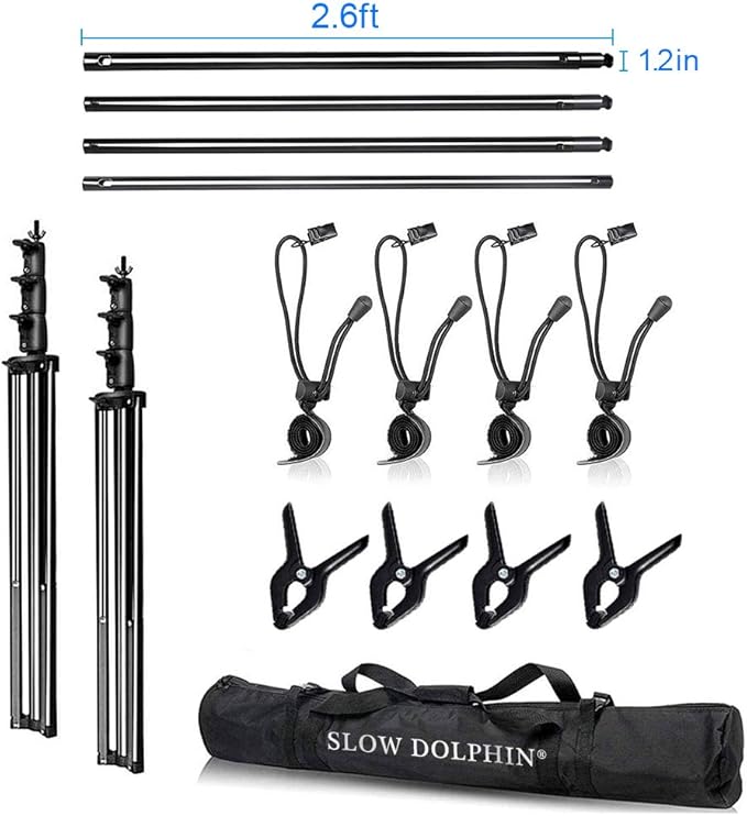 SLOW DOLPHIN 10 x 10Ft Photo Video Studio Heavy Duty Adjustable Muslin Backdrop Stand Background Support System Kit for Photography with Carrying Bag 8 Pcs Clip Clamps